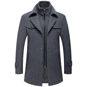 Men's Fashion Middle Long Outerwear Double Collar Zipper Solid Color Casual Woolen Coats for Winter Slim Fit