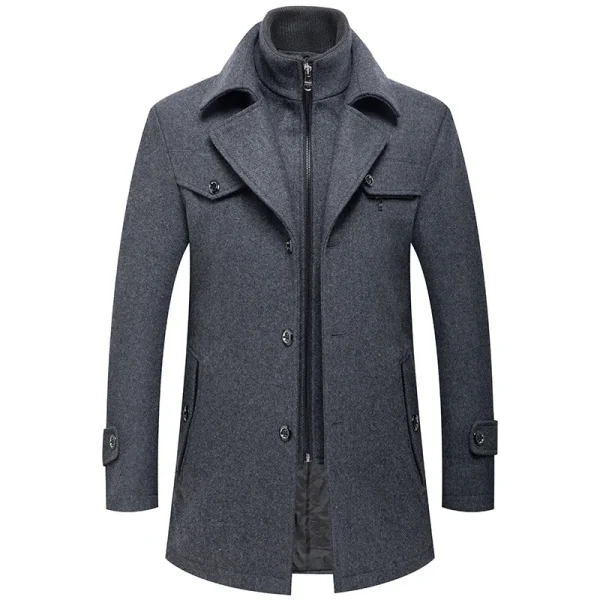 Men's Fashion Middle Long Outerwear Double Collar Zipper Solid Color Casual Woolen Coats for Winter Slim Fit