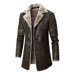 New Winter Fashion Suit Collar Men's Windbreaker Leather Jacket Coats 2025 Men's Long Thick Fleece PU Leather Jacket