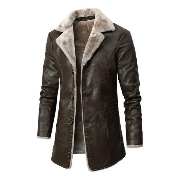 New Winter Fashion Suit Collar Men's Windbreaker Leather Jacket Coats 2025 Men's Long Thick Fleece PU Leather Jacket