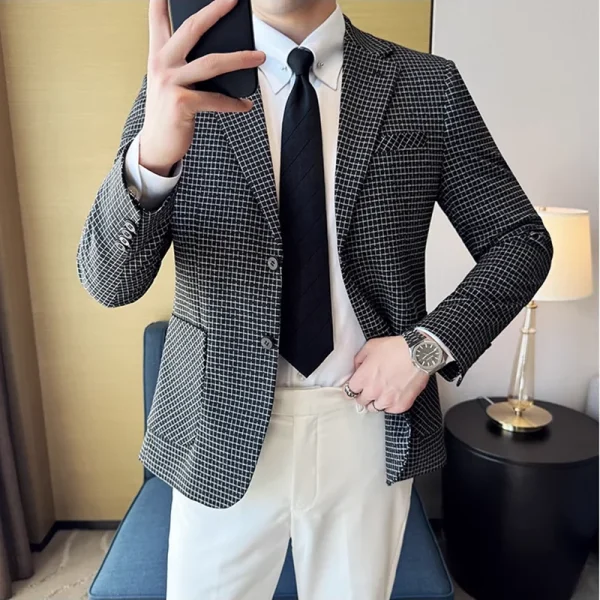 New Men's Fashion Business Slim Fit Casual Blazer with Plaid for Autumn and Winter Men's Tuxedo Formal Wedding Groom Clothes - Image 2