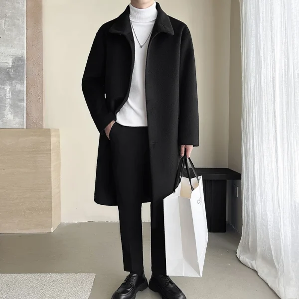 Men's Turn-down Collar Trench Coat, Winbreaker Man, Fashion Long Business Casual Woolen Outwear Coats for Autumn and Winter - Image 4