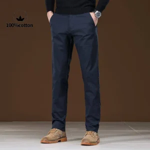 Men's Traditional Black Cotton Business Casual Trousers with a Straight Fit, Classic Comfort, and European Minimalist Style