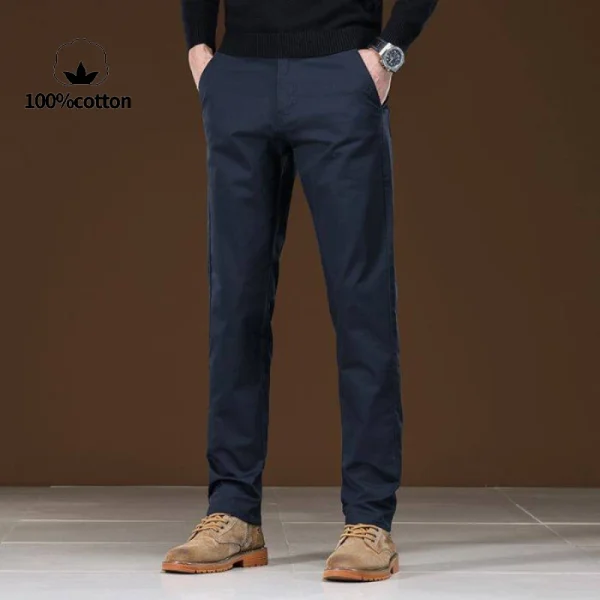 Men's Traditional Black Cotton Business Casual Trousers with a Straight Fit, Classic Comfort, and European Minimalist Style