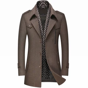 Fashion Thick Mid-Length Trench Solid Turn-Down Collar Warm Outerwear Men's Business Casual Wool Coats for Winter