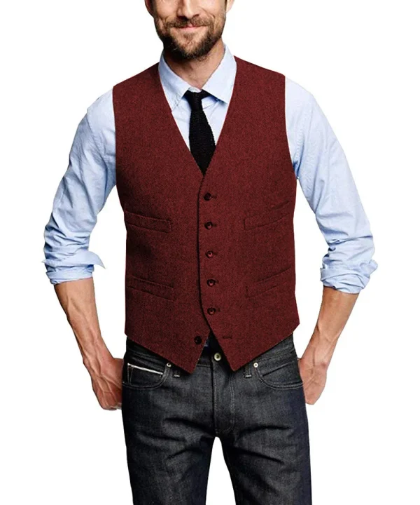 Slim Fit V-neck Men's Suit Vest Business Groomsmen Suit Vest with Herringbone Steampunk Waistcoat and Woolen Splicing Vest