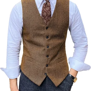 Men's Business Slim Fit Retro Vest with V-Neck Herringbone, Tuxedo Vests, and Wool Jacket Waistcoat for the Groom
