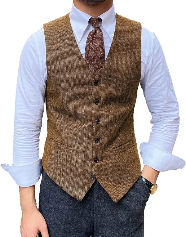 Men's Business Slim Fit Retro Vest with V-Neck Herringbone, Tuxedo Vests, and Wool Jacket Waistcoat for the Groom