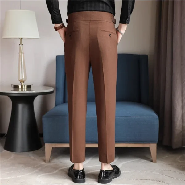 Men's 6% Linen High-Rise Slim Fit Summer Trousers with Adjustable Waist, Brown/Black, Business Casual Formal. - Image 2