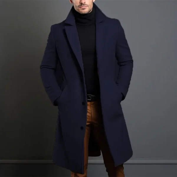 Fall and Winter Long Woolen Trench Coats for Men in Solid England Style Coat Turn Down Collar Warm Men's Clothes Smart Casual Wool Blends - Image 2