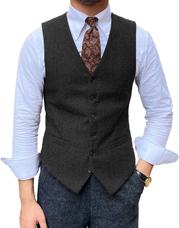 Men's Business Slim Fit Retro Vest with V-Neck Herringbone, Tuxedo Vests, and Wool Jacket Waistcoat for the Groom - Image 5
