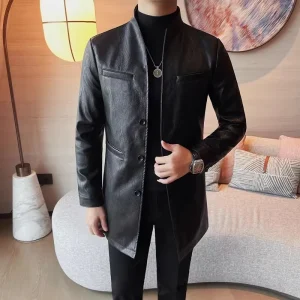 Men's Premium Black Stand Collar Long PU Trench Jacket for Fall and Winter Slim Fit Casual Leather Outwear Coats