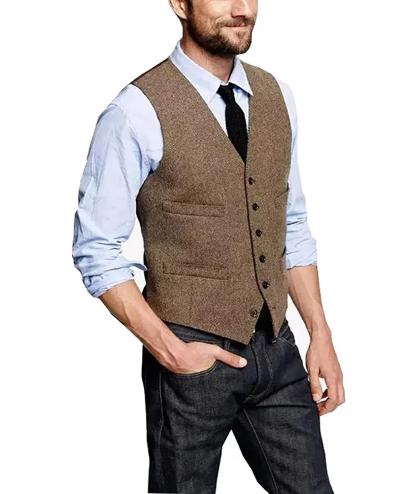 Slim Fit V-neck Men's Suit Vest Business Groomsmen Suit Vest with Herringbone Steampunk Waistcoat and Woolen Splicing Vest - Image 4