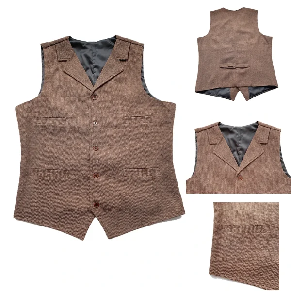 Steampunk Vests for Groosmen Men's Weddings: Brown Wedding Wool Tweed Business Waistcoat Jacket Casual Slim Fit - Image 6