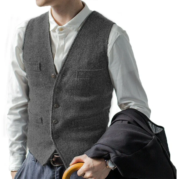 Brown Herringbone Wool Tweed Business Waistcoat Steampunk Men's Plus Size Suit Vest with Lapel Collar for Groomsmen's Wedding - Image 2