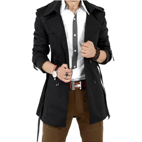Men's Double-breasted Vintage Classic Long Coat Thick Black Khaki Spring/Autumn Business Trench Jacket - Image 2