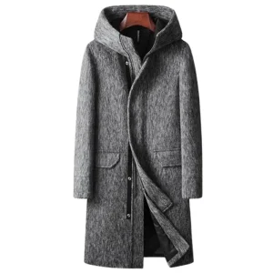Premium Men's Long Hooded Wool Trench Coats for Fall and Winter, Thick and Warm, Business Casual Outwear Coat Man