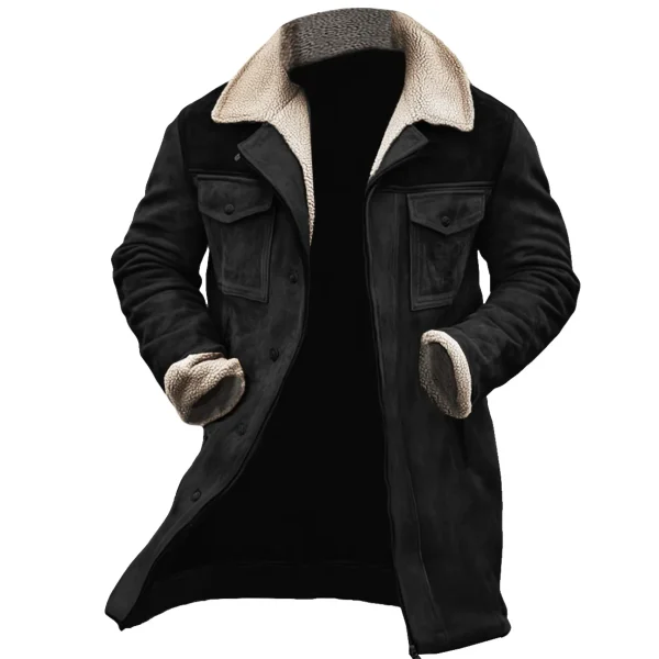 Winter Fleece Men's Long Jackets with Turn-down Collar, Casual Windbreaker, Vintage Patchwork, and Multiple Pockets - Image 3