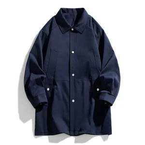 Long trench coats for men in the spring and fall that are loose, solid, windbreaker, collarless, and casual