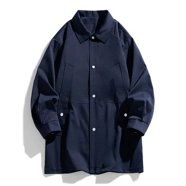 Long trench coats for men in the spring and fall that are loose, solid, windbreaker, collarless, and casual