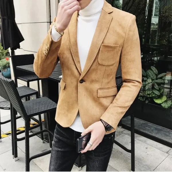 Men's Casual Business Slim Fit Blazer with Vintage Suede Suit Jacket for Spring Men's Wedding Street Wear Social Coat with Deerskin Leather Jacket - Image 4