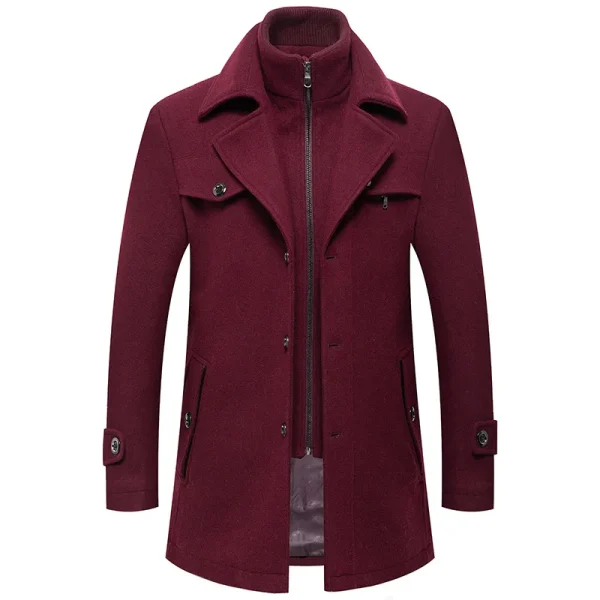 Men's Fashion Middle Long Outerwear Double Collar Zipper Solid Color Casual Woolen Coats for Winter Slim Fit - Image 3