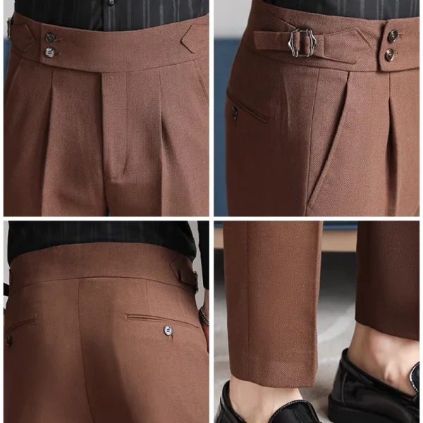 Men's 6% Linen High-Rise Slim Fit Summer Trousers with Adjustable Waist, Brown/Black, Business Casual Formal. - Image 5