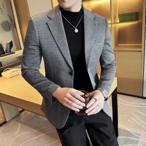 New Men's Fashion Business Slim Fit Casual Blazer with Plaid for Autumn and Winter Men's Tuxedo Formal Wedding Groom Clothes
