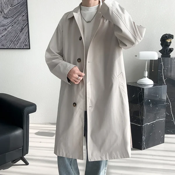 Fashion long windbreaker men's solid-colored, single-breasted, loose-fitting trench coat for streetwear - Image 6