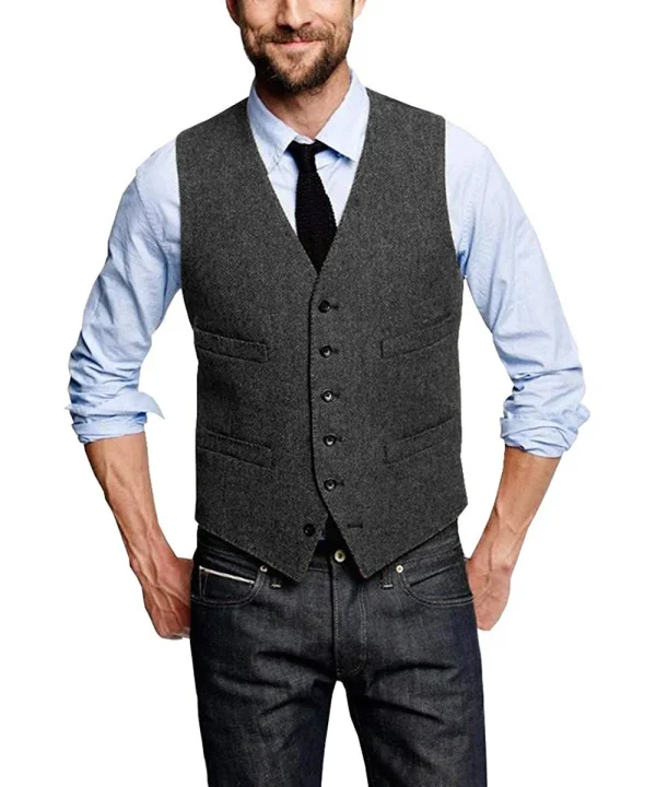 Slim Fit V-neck Men's Suit Vest Business Groomsmen Suit Vest with Herringbone Steampunk Waistcoat and Woolen Splicing Vest - Image 6
