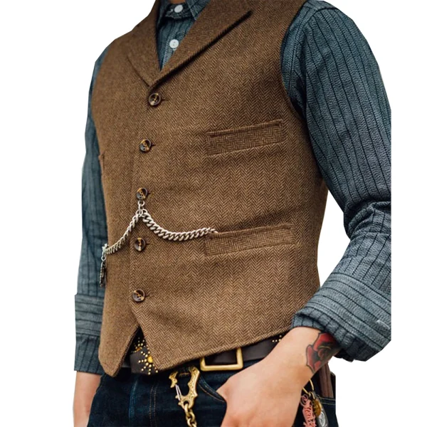 Steampunk Vests for Groosmen Men's Weddings: Brown Wedding Wool Tweed Business Waistcoat Jacket Casual Slim Fit - Image 2