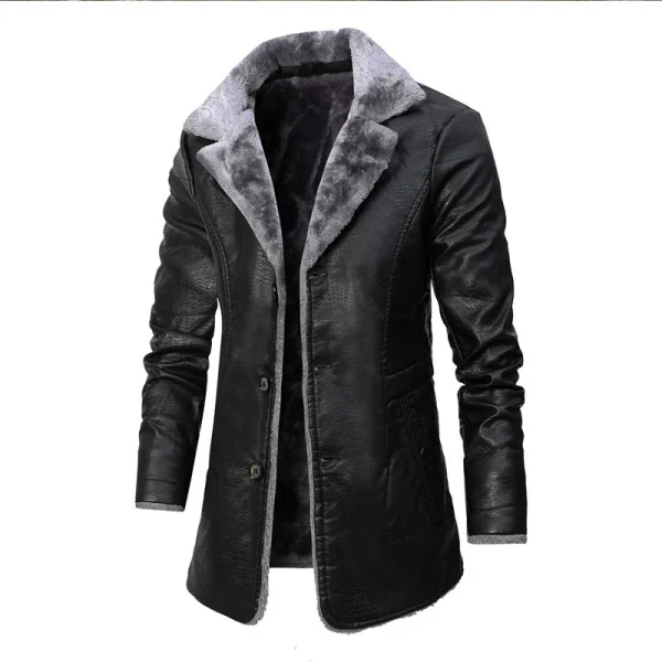 New Winter Fashion Suit Collar Men's Windbreaker Leather Jacket Coats 2025 Men's Long Thick Fleece PU Leather Jacket - Image 3