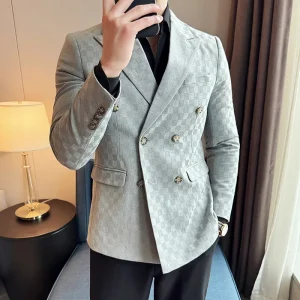 Luxury Slim Fit Business Social Wedding Formal Suit Coats for Men with Double Breasted Plaid Jackets in Six Colors