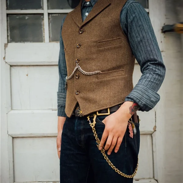 Steampunk Vests for Groosmen Men's Weddings: Brown Wedding Wool Tweed Business Waistcoat Jacket Casual Slim Fit - Image 4