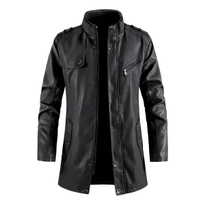 New Men's Stand Collar, Windbreaker, Faux Outerwear, Motorcycle, Casual, Warm Leather Coats, and Long PU Leather Jackets for Winter