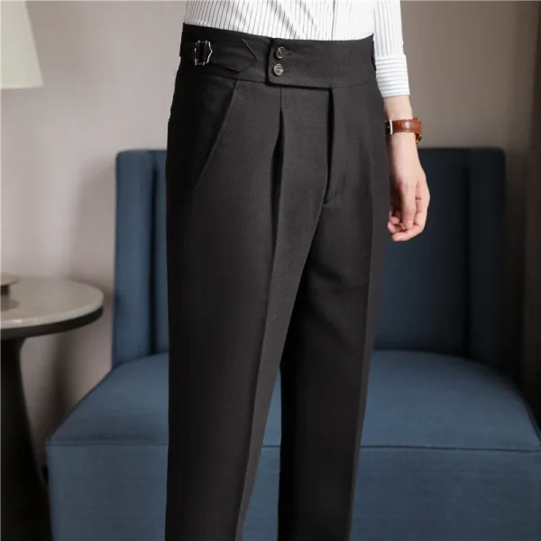 Men's 6% Linen High-Rise Slim Fit Summer Trousers with Adjustable Waist, Brown/Black, Business Casual Formal. - Image 3
