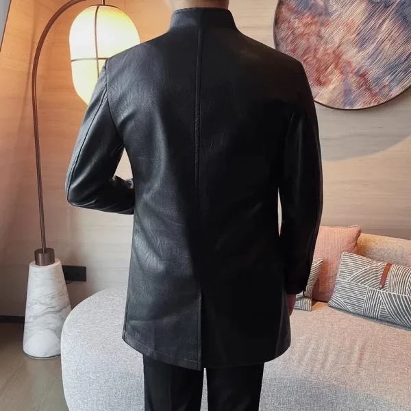Men's Premium Black Stand Collar Long PU Trench Jacket for Fall and Winter Slim Fit Casual Leather Outwear Coats - Image 2