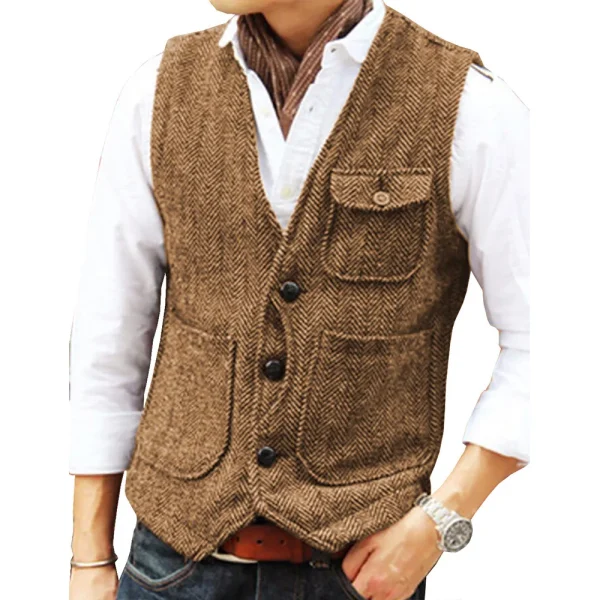 Leisure Men's Business Slim Fit V-neck Vests Groomsmen's Wedding Suit Vest Made of Wool with Steampunk Herringbone Waistcoat - Image 2