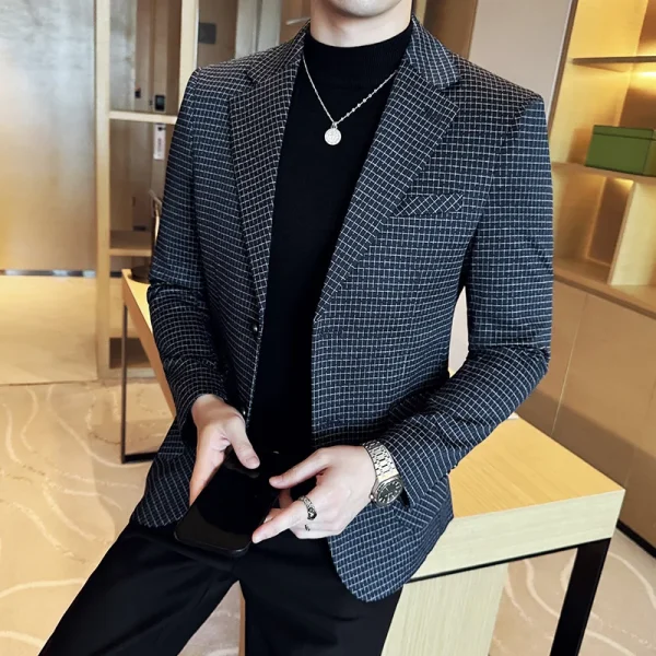 New Men's Fashion Business Slim Fit Casual Blazer with Plaid for Autumn and Winter Men's Tuxedo Formal Wedding Groom Clothes - Image 3