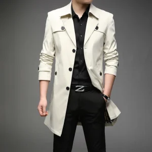 Men's Fashion Turn-down Collar Solid Trench Outerwear Jackets Plus Size Long Trench Coats with Premium Button Windbreakers