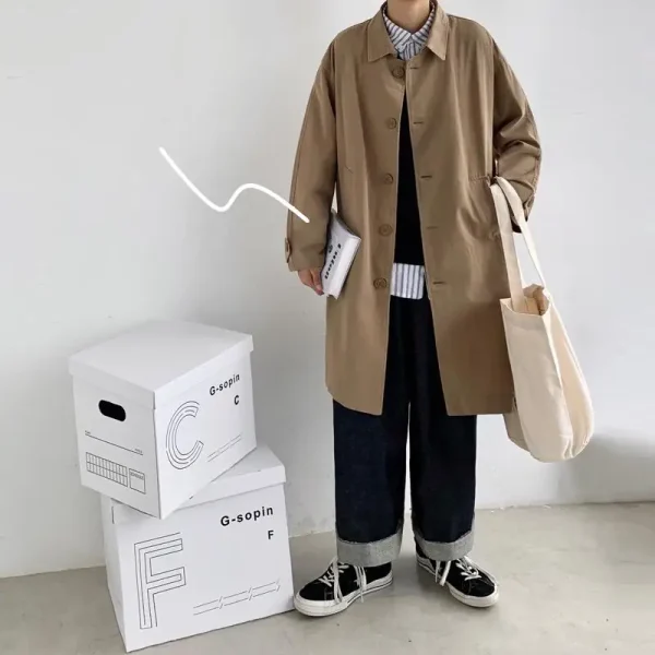 Men's Wear 2022 Autumn Fashion: Trendy Long Coat Loose Overcoat Handsome Casual Windbreak New Single Breasted Trench Clothes - Image 3
