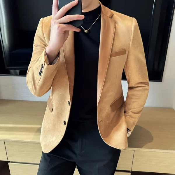 Premium Deerskin Velvet Splicing Leather Collar Suit Blazers Men's Social Wedding Clothes Men's Casual Business Slim Coats - Image 2