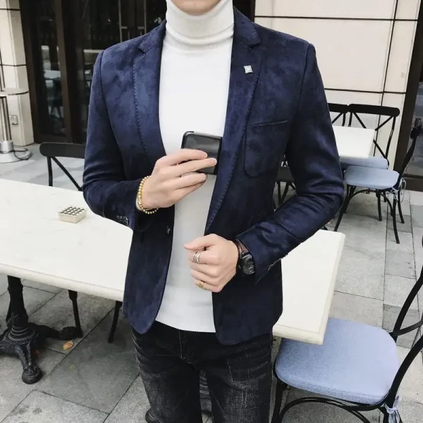 Men's Casual Business Slim Fit Blazer with Vintage Suede Suit Jacket for Spring Men's Wedding Street Wear Social Coat with Deerskin Leather Jacket - Image 2