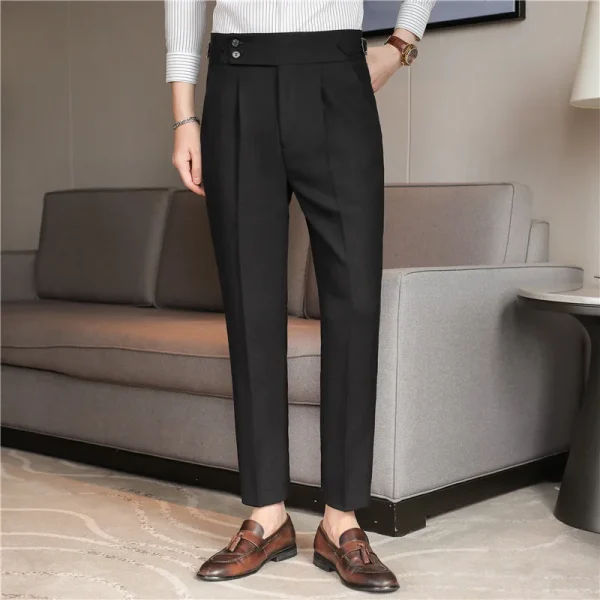 Men's 6% Linen High-Rise Slim Fit Summer Trousers with Adjustable Waist, Brown/Black, Business Casual Formal. - Image 4
