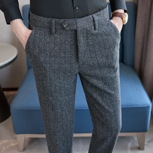 Blend of wool Superior Vertical Striped Business Casual Wool Trousers, Adaptable Slim-fit Long Pants for Everyday Wear