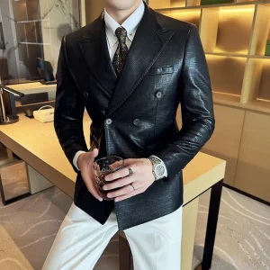 Elegant Square Grid Double-Breastered Leather Jacket New Premium Slim-Fit Casual Men's Business Coats Tuxedos Men's Apparel