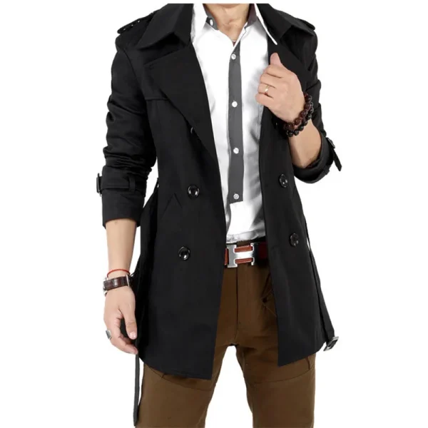 Men's Double-breasted Vintage Classic Long Coat Thick Black Khaki Spring/Autumn Business Trench Jacket - Image 4