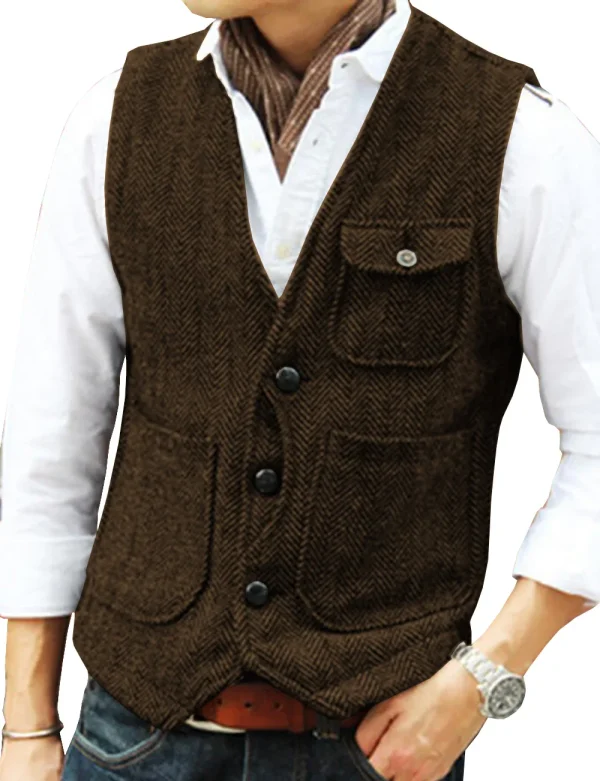 Leisure Men's Business Slim Fit V-neck Vests Groomsmen's Wedding Suit Vest Made of Wool with Steampunk Herringbone Waistcoat - Image 5
