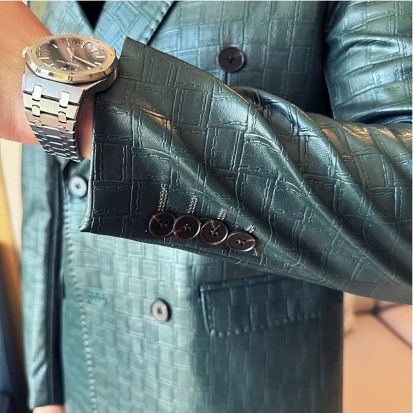 Elegant Square Grid Double-Breastered Leather Jacket New Premium Slim-Fit Casual Men's Business Coats Tuxedos Men's Apparel - Image 6