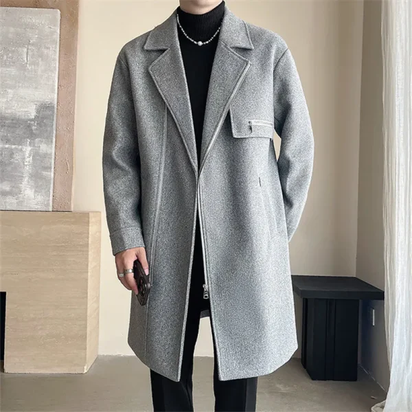Men's Korean-style casual trench jacket with a zipper, turn-down collar, and solid outerwear for fall and winter - Image 3